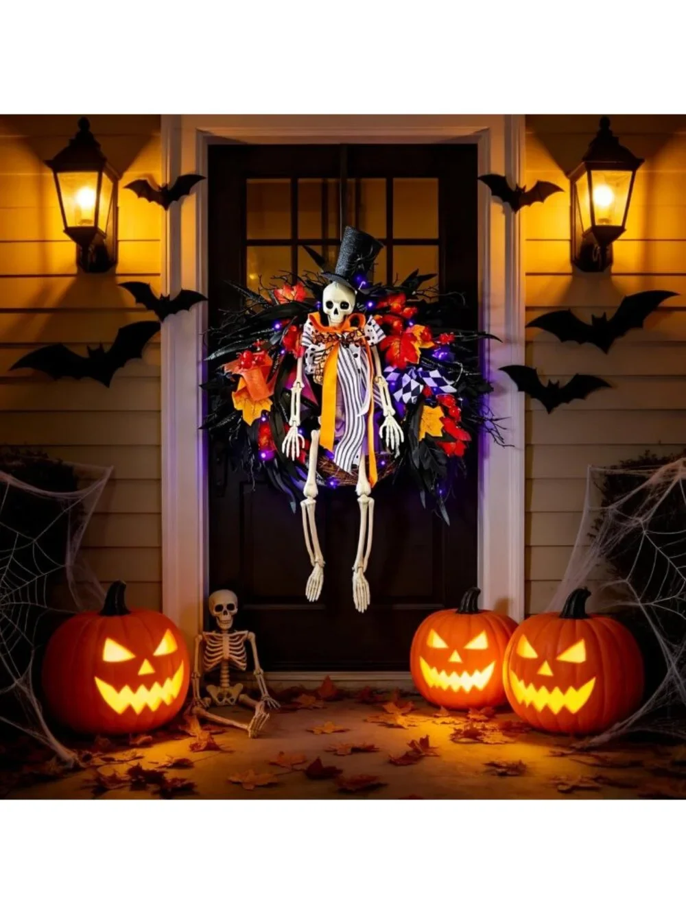 28-Inch Lighted Halloween Skeleton Wreath | Gothic Dark Aesthetic Door Decor